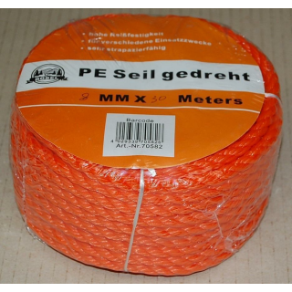 PE Seil gedreht, orange&nbsp;8mm - 20 mtr. Docke